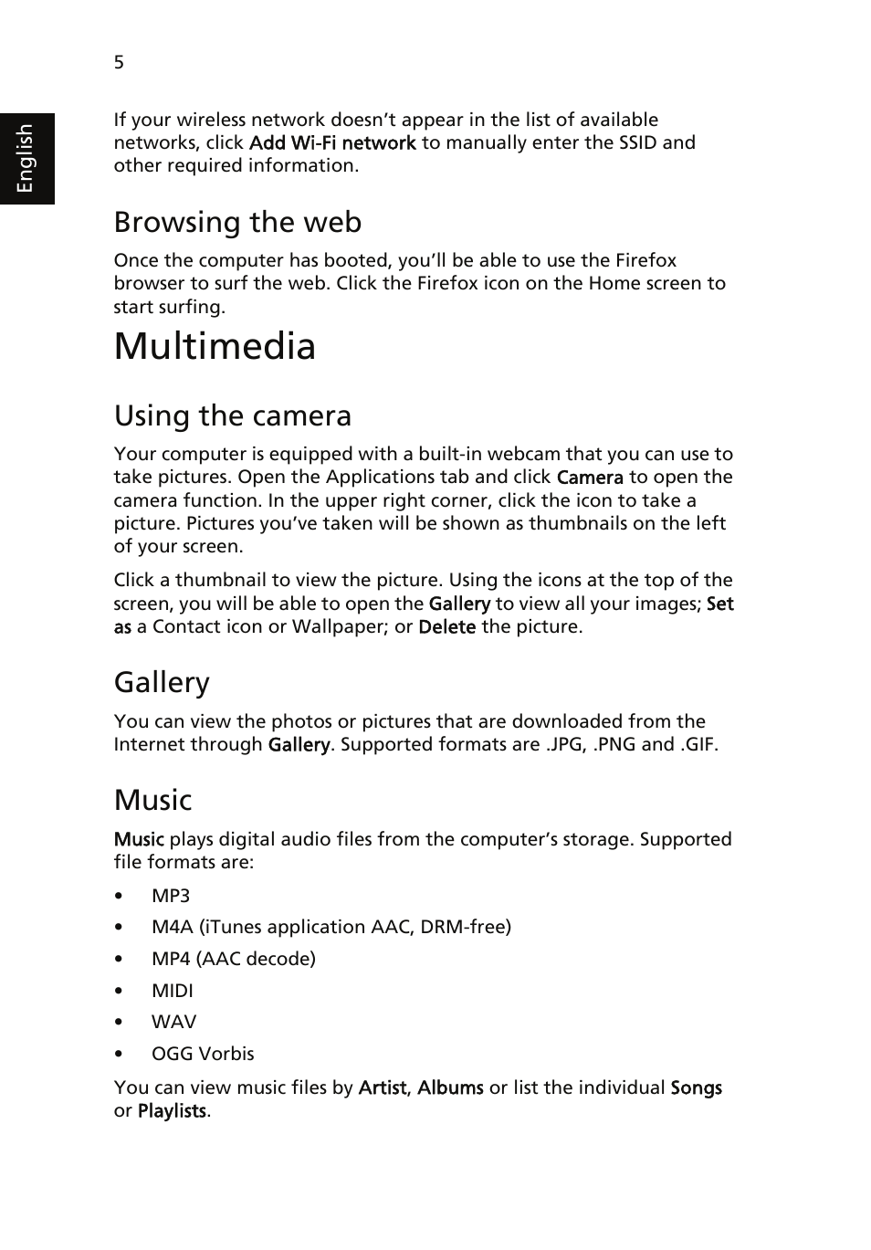 Browsing the web, Multimedia, Using the camera | Gallery, Music | Acer AOD257 User Manual | Page 8 / 8