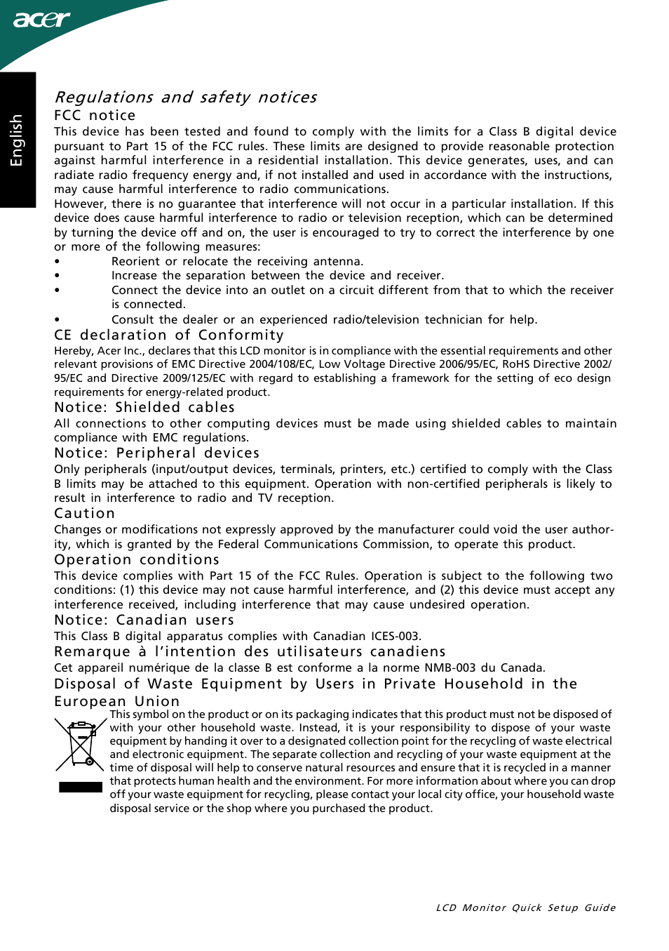 Regulations and safety notices, En gl is h | Acer G205HL User Manual | Page 2 / 2