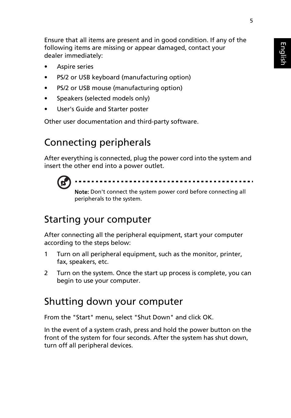 Connecting peripherals, Starting your computer, Shutting down your computer | Acer Aspire T136 User Manual | Page 9 / 22
