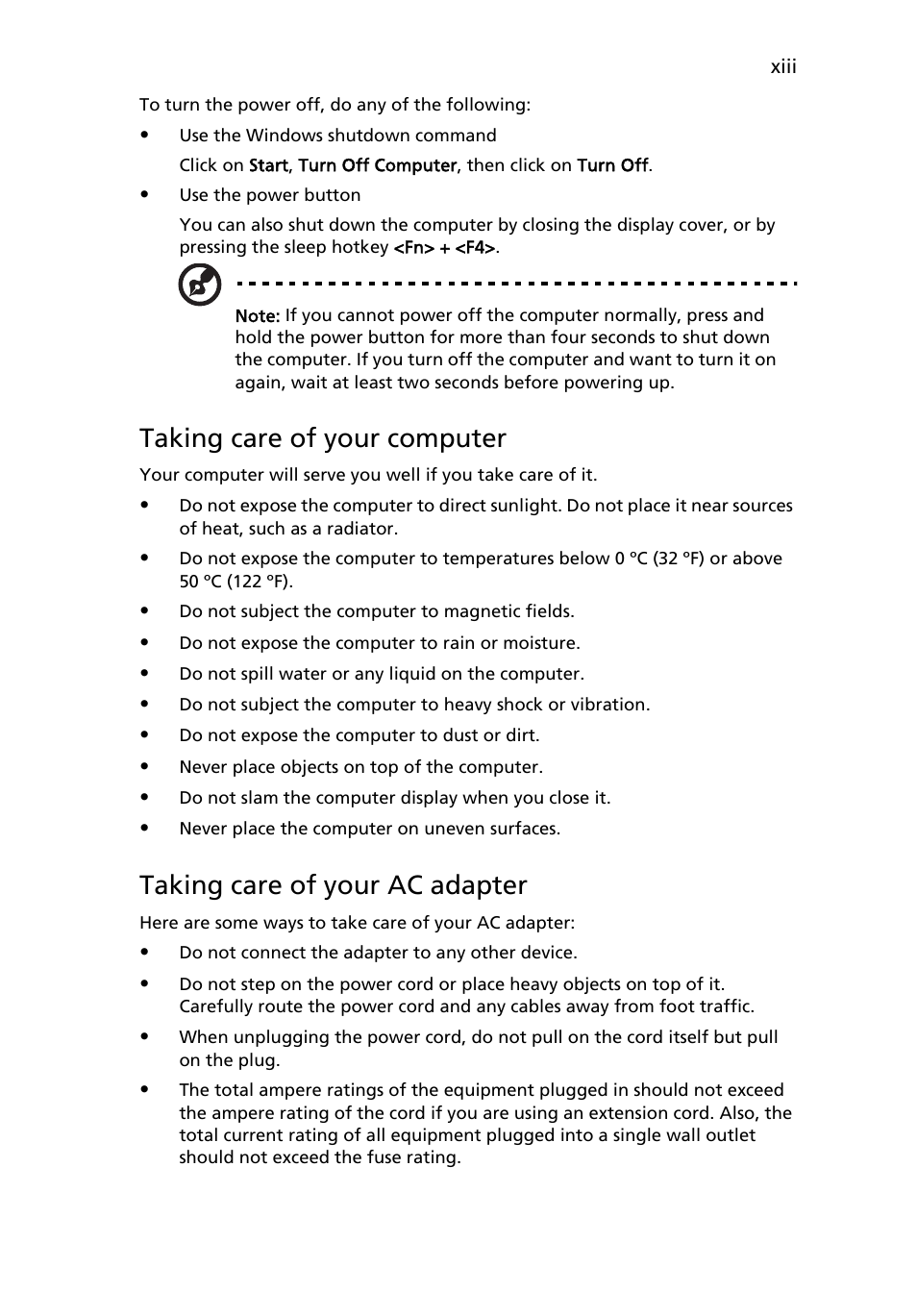 Taking care of your computer, Taking care of your ac adapter | Acer Aspire 5540 User Manual | Page 13 / 116