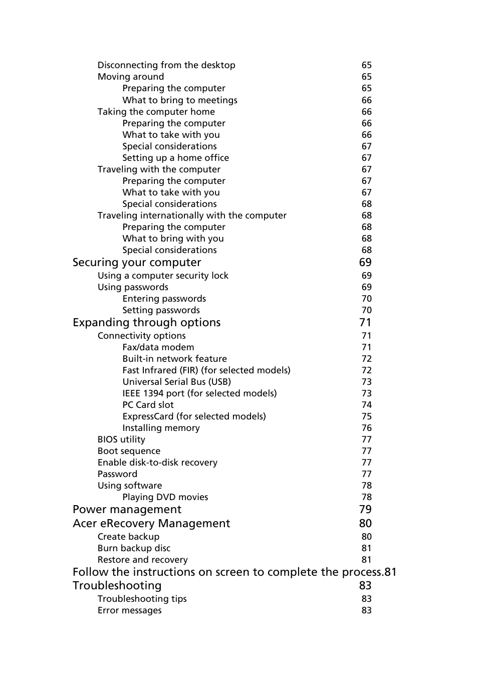 Securing your computer 69, Expanding through options 71, Power management 79 acer erecovery management 80 | Acer Aspire 5540 User Manual | Page 17 / 116