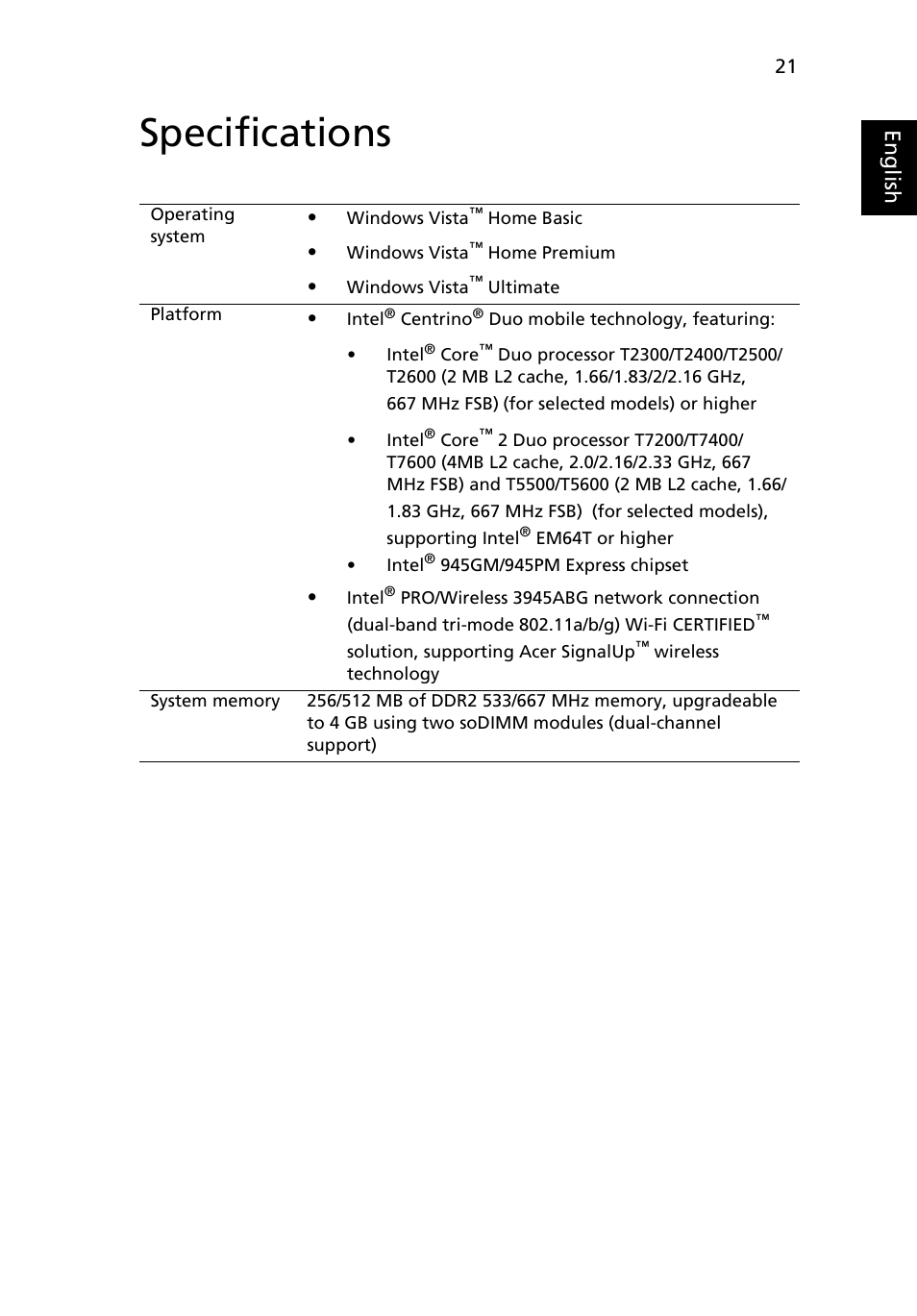 Specifications, Eng lis h | Acer Aspire 5540 User Manual | Page 39 / 116
