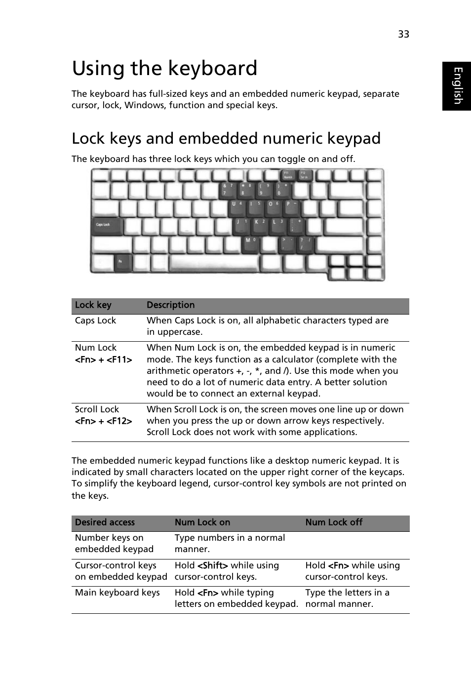 Using the keyboard, Lock keys and embedded numeric keypad | Acer Aspire 5540 User Manual | Page 51 / 116