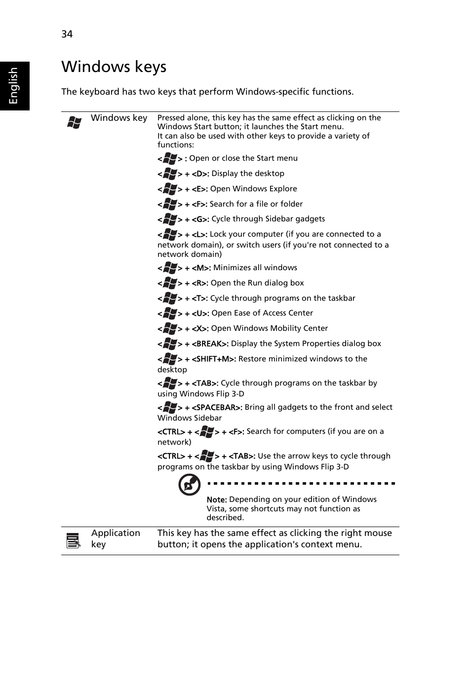 Windows keys, English | Acer Aspire 5540 User Manual | Page 52 / 116