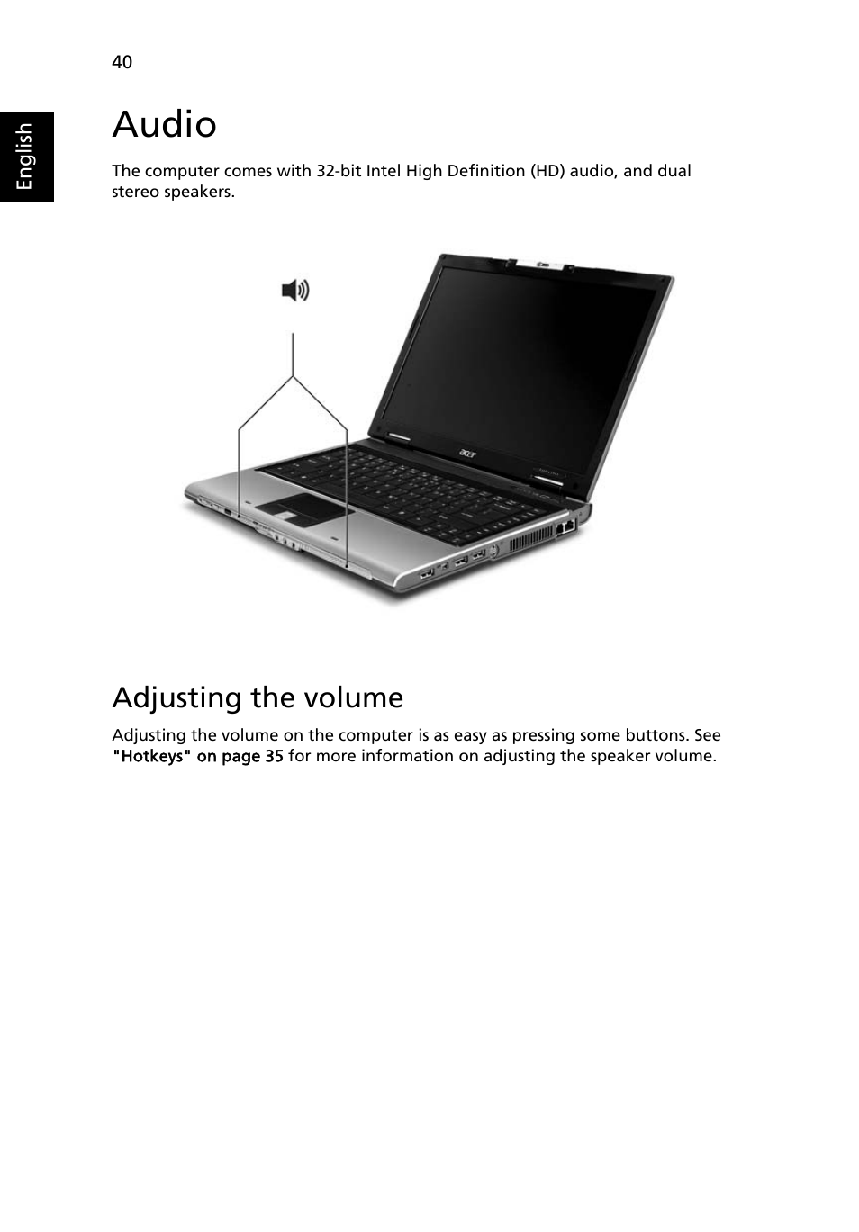 Audio, Adjusting the volume | Acer Aspire 5540 User Manual | Page 58 / 116