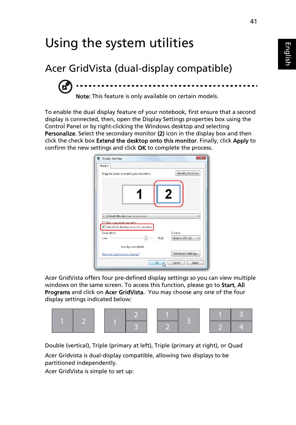Using the system utilities, Acer gridvista (dual-display compatible) | Acer Aspire 5540 User Manual | Page 59 / 116