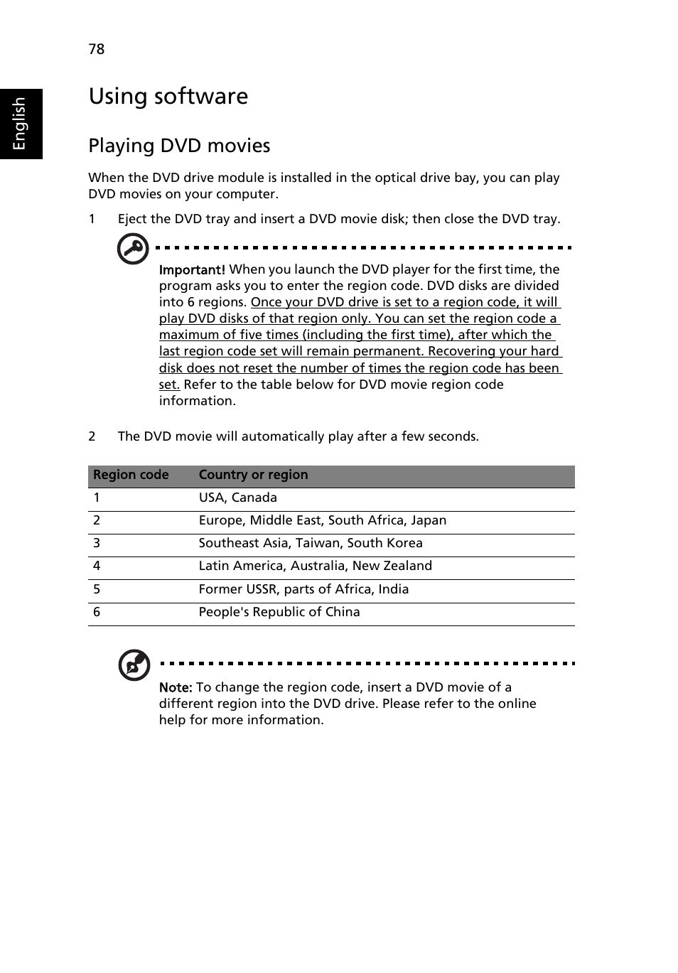 Using software, Playing dvd movies | Acer Aspire 5540 User Manual | Page 96 / 116