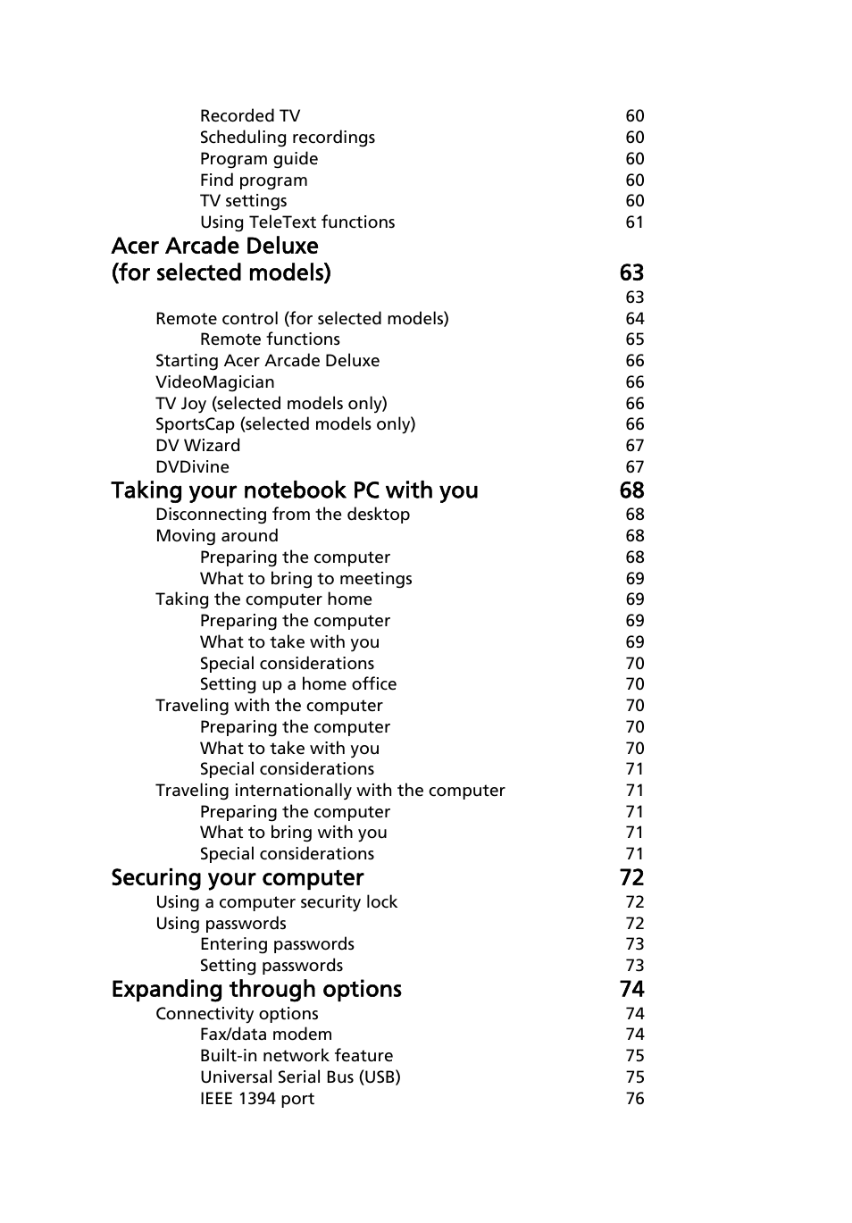 Acer arcade deluxe (for selected models) 63, Securing your computer 72, Expanding through options 74 | Acer Aspire 5920G User Manual | Page 18 / 120