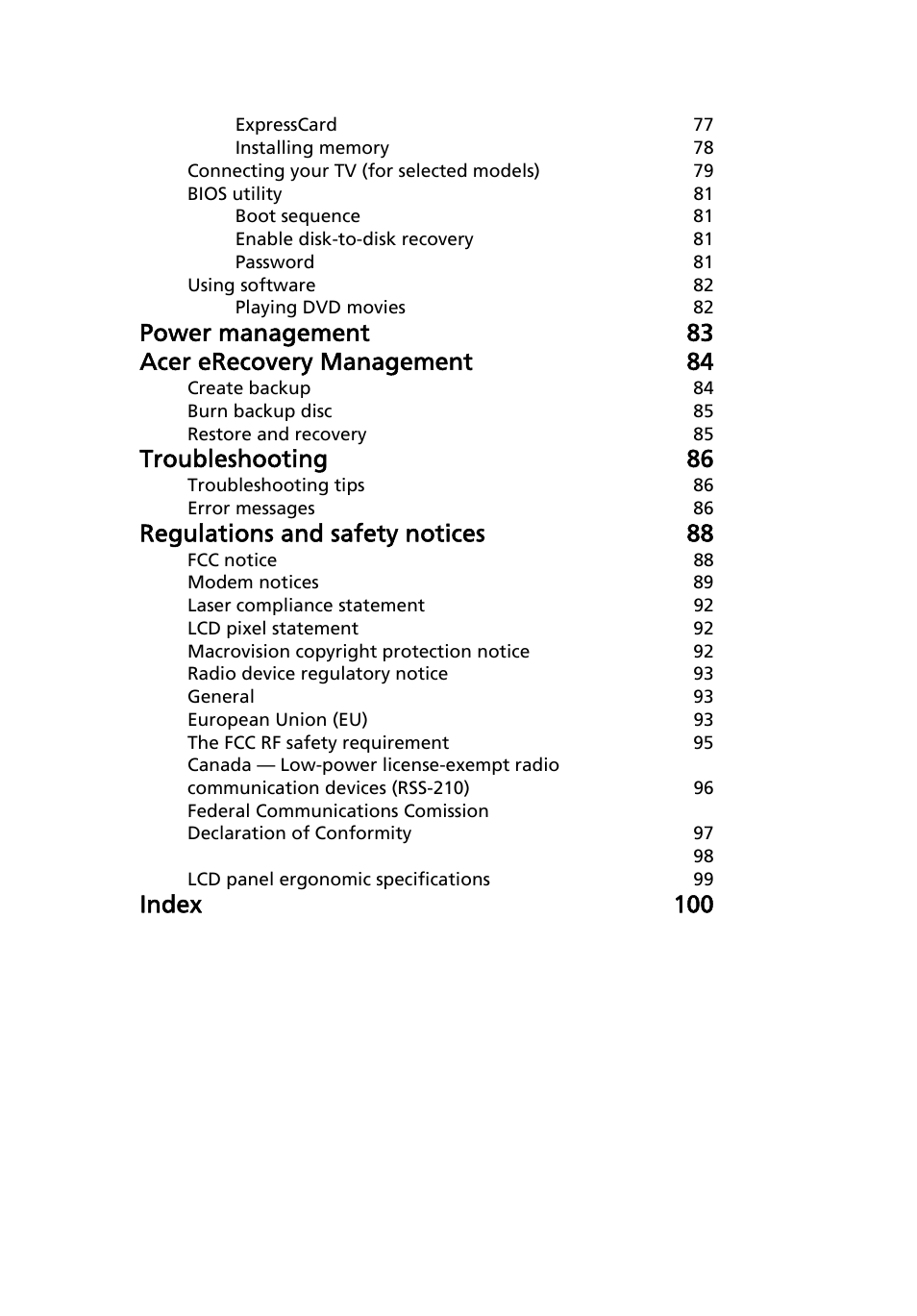 Power management 83 acer erecovery management 84, Troubleshooting 86, Regulations and safety notices 88 | Index 100 | Acer Aspire 5920G User Manual | Page 19 / 120