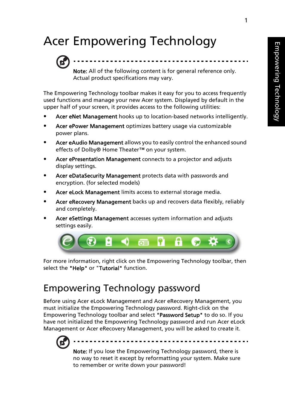 Acer empowering technology, Empowering technology password | Acer Aspire 5920G User Manual | Page 21 / 120