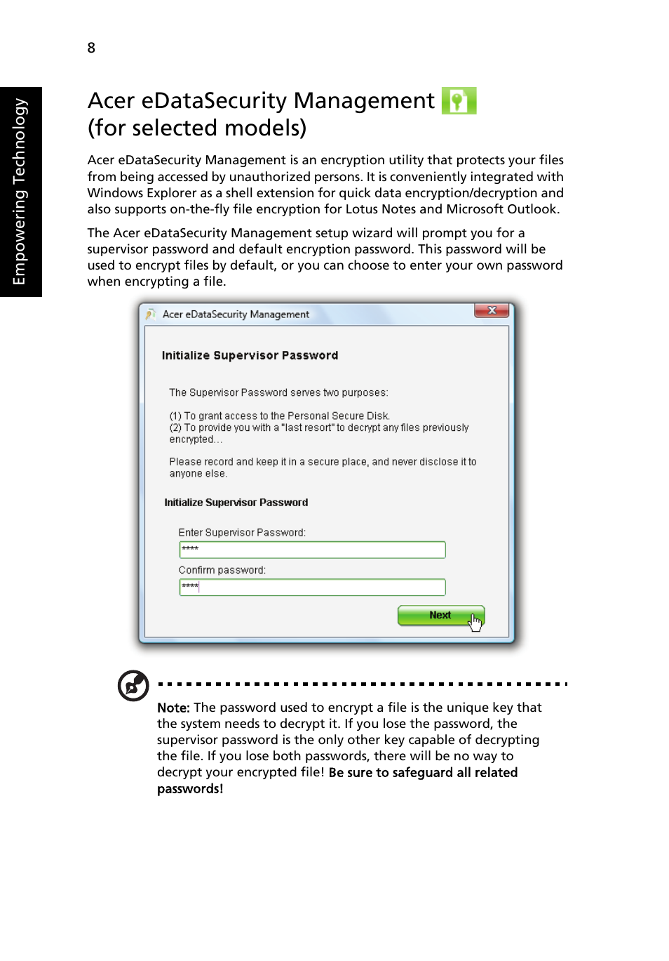 Acer edatasecurity management, For selected models) | Acer Aspire 5920G User Manual | Page 28 / 120