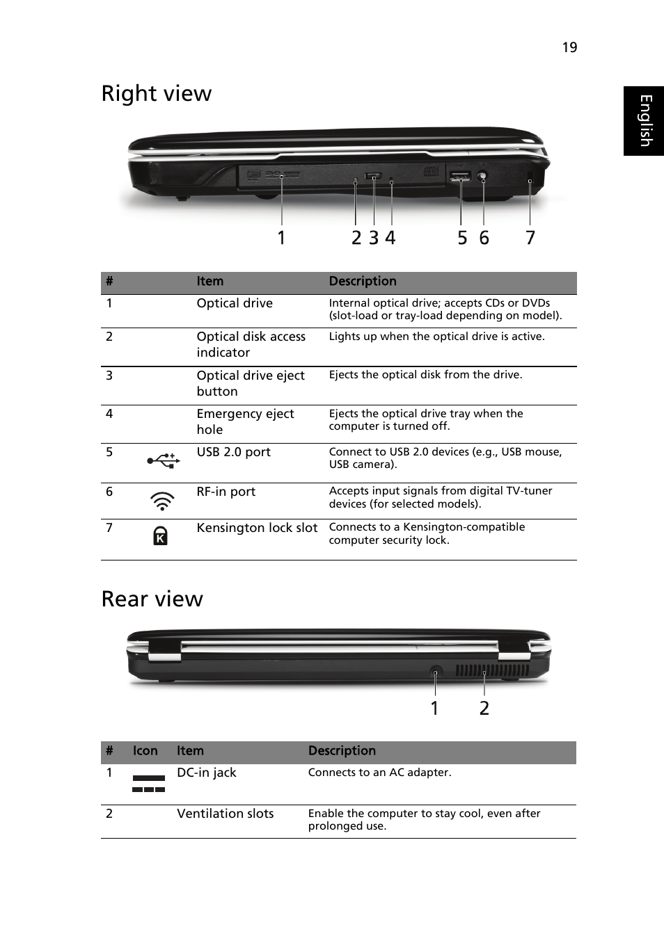 Right view, Rear view, Right view rear view | Eng lis h | Acer Aspire 5920G User Manual | Page 39 / 120