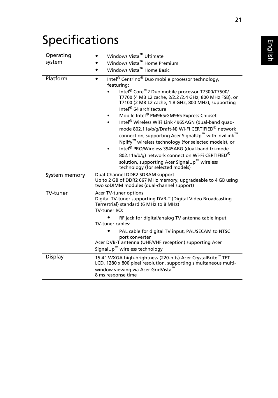 Specifications, Eng lis h | Acer Aspire 5920G User Manual | Page 41 / 120