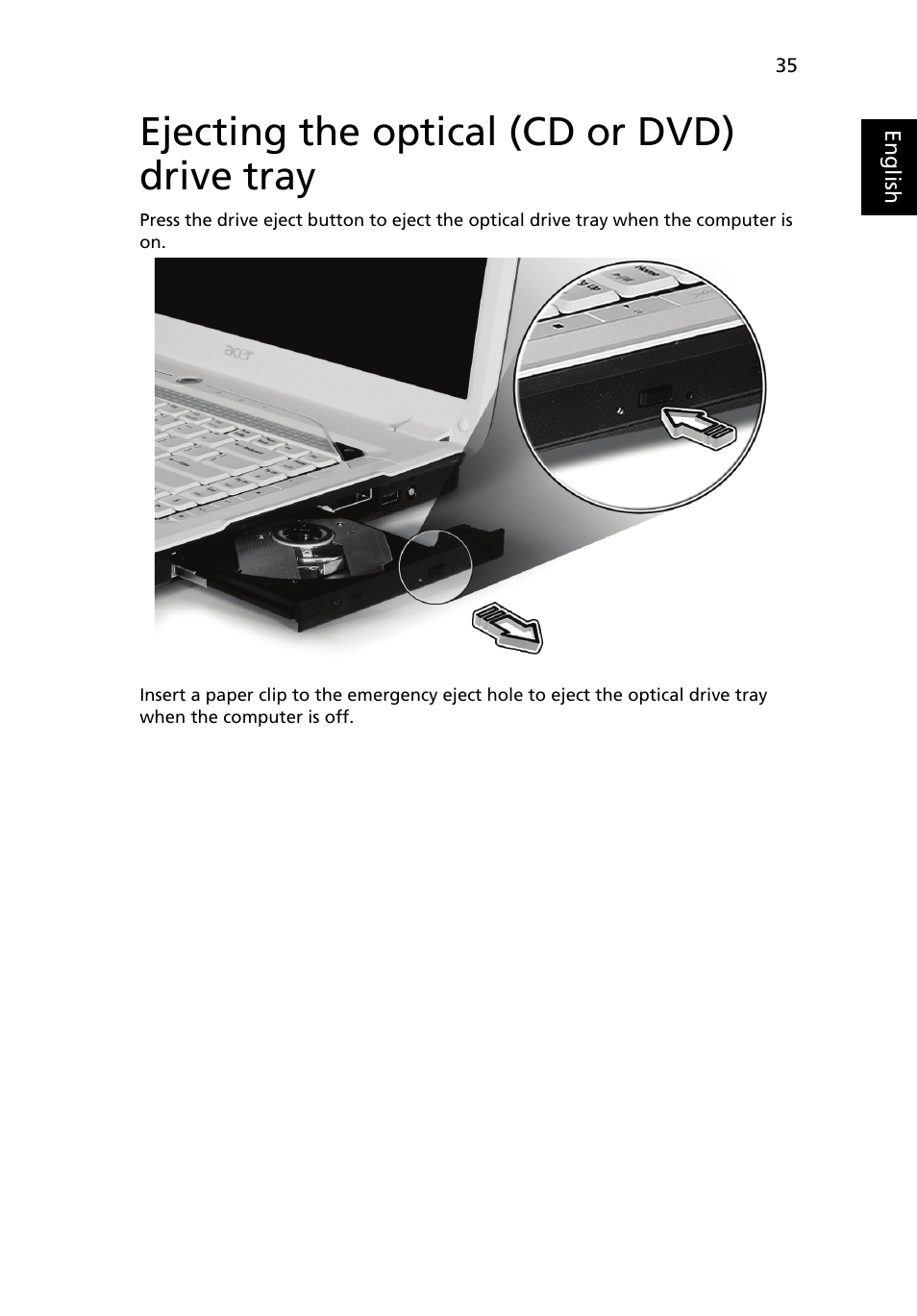 Ejecting the optical (cd or dvd) drive tray | Acer Aspire 5920G User Manual | Page 55 / 120