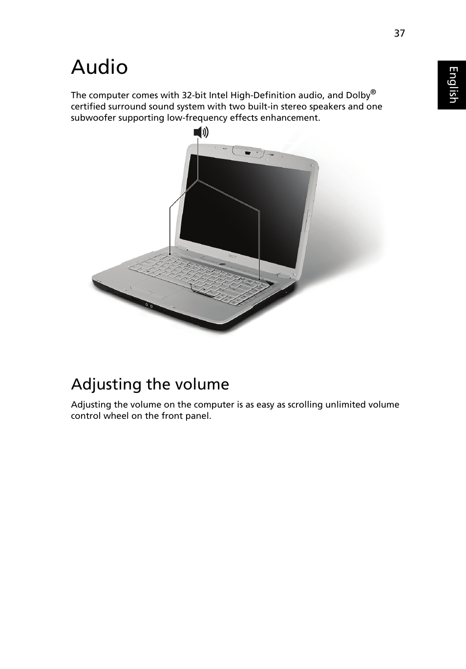 Audio, Adjusting the volume | Acer Aspire 5920G User Manual | Page 57 / 120