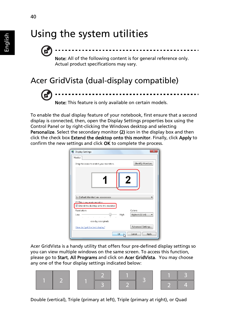 Using the system utilities, Acer gridvista (dual-display compatible) | Acer Aspire 5920G User Manual | Page 60 / 120