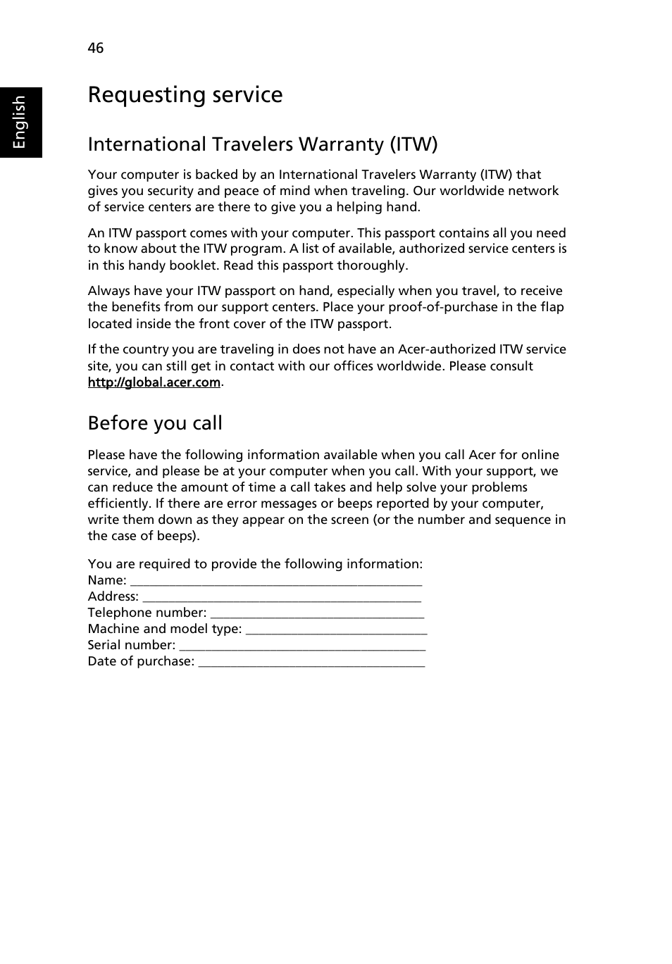 Requesting service, International travelers warranty (itw), Before you call | Battery pack | Acer Aspire 5920G User Manual | Page 65 / 120