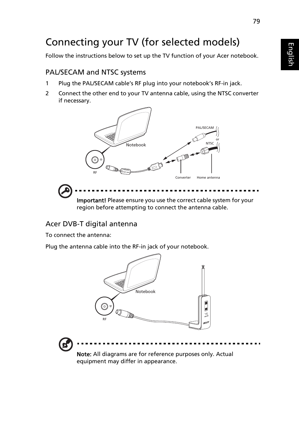 Connecting your tv (for selected models), Eng lis h, Pal/secam and ntsc systems | Acer dvb-t digital antenna | Acer Aspire 5920G User Manual | Page 98 / 120