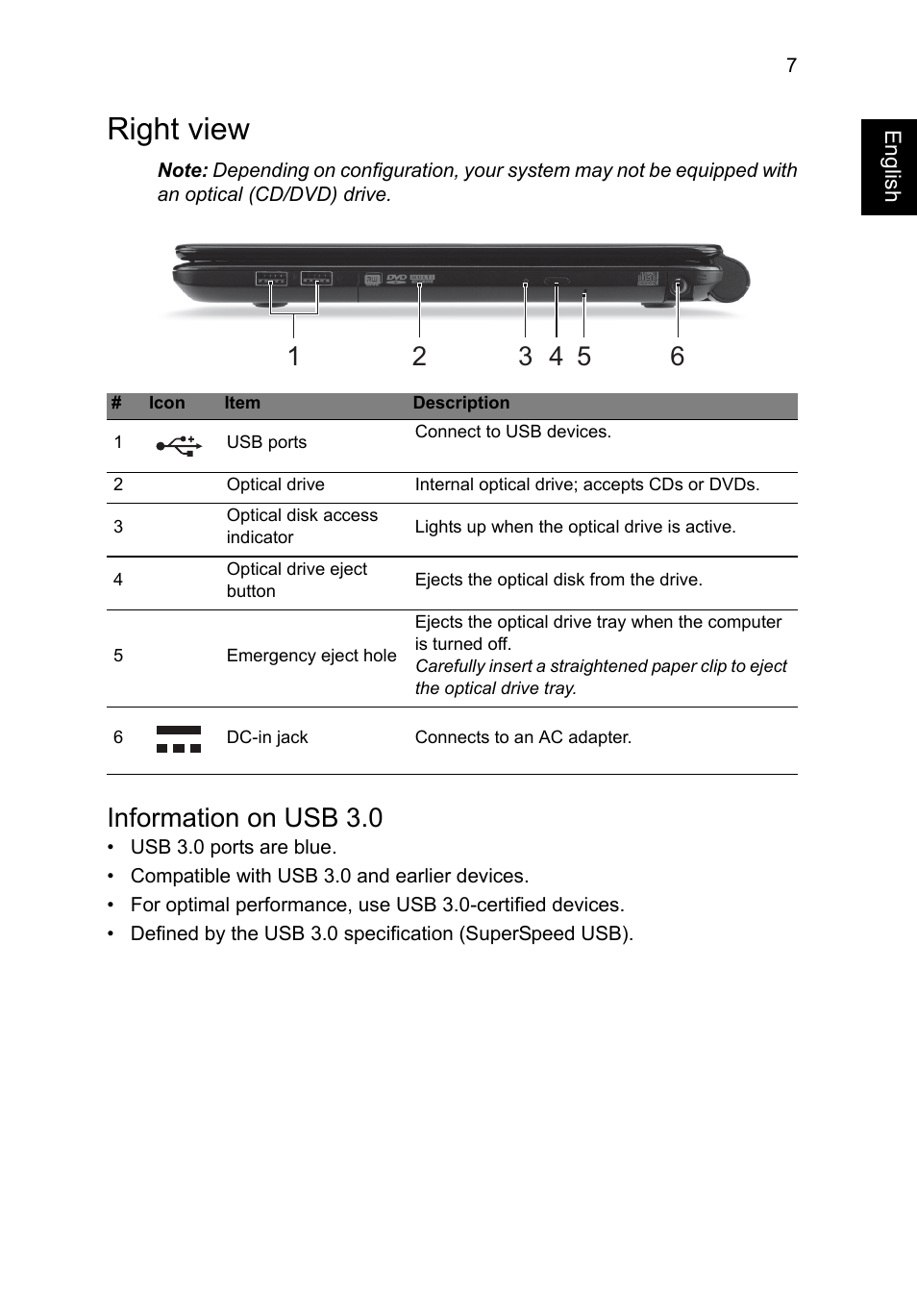 Right view, Information on usb 3.0 | Acer TravelMate P245-M User Manual | Page 7 / 10