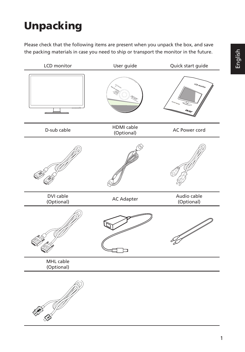 Unpacking | Acer G246HYL User Manual | Page 13 / 29