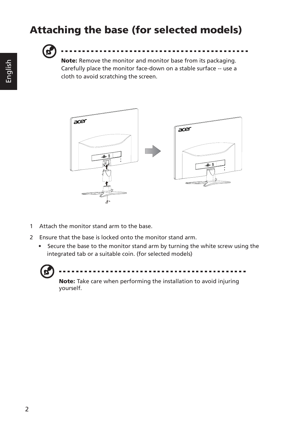Attaching the base (for selected models) | Acer G246HYL User Manual | Page 14 / 29