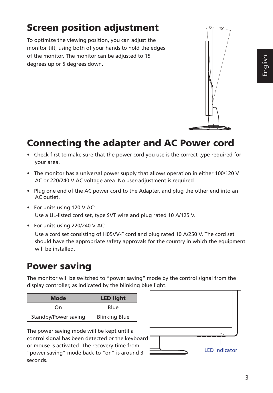 Screen position adjustment, Connecting the adapter and ac power cord, Power saving | English | Acer G246HYL User Manual | Page 15 / 29