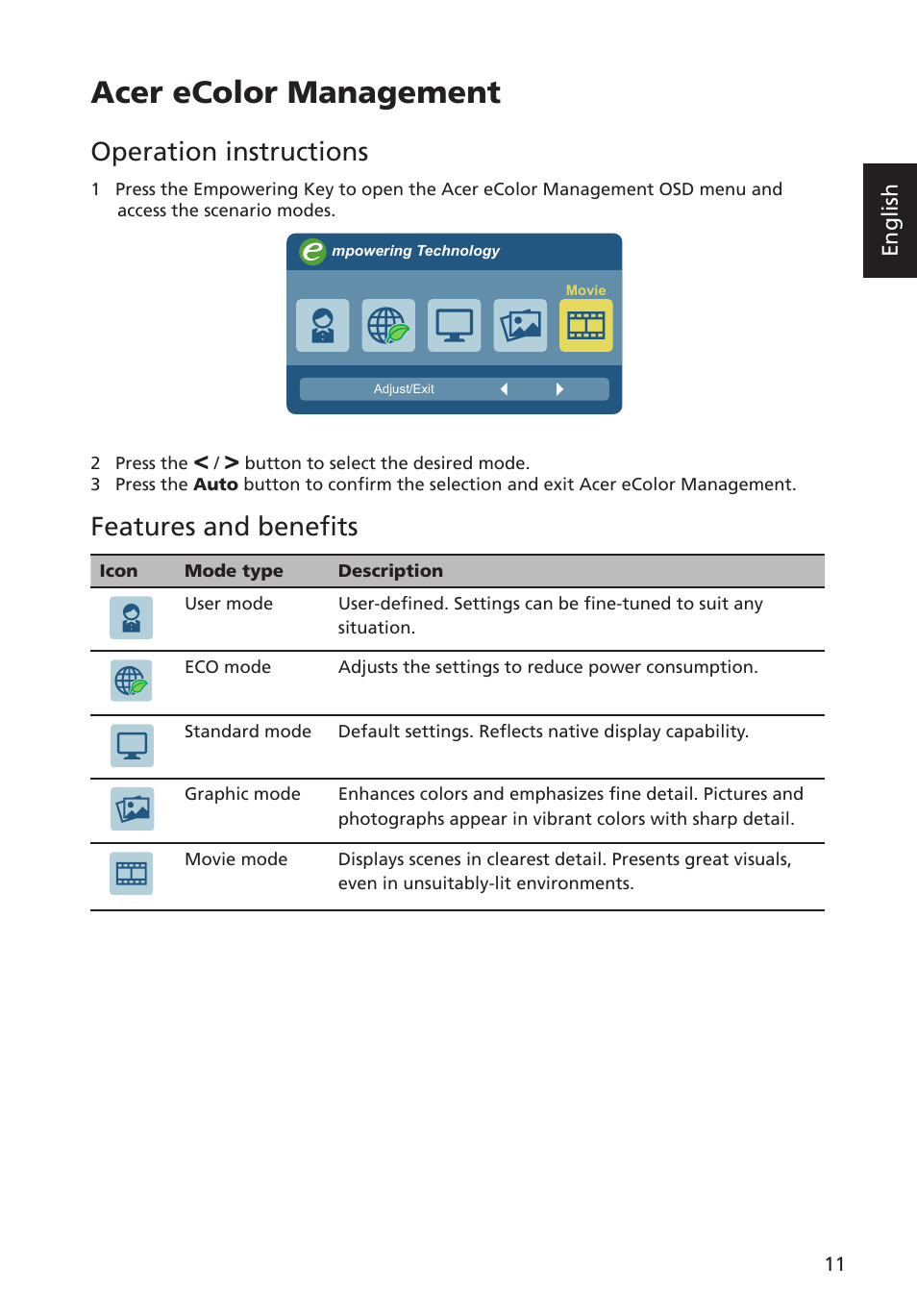 Acer ecolor management, Operation instructions, Features and benefits | English | Acer G246HYL User Manual | Page 23 / 29