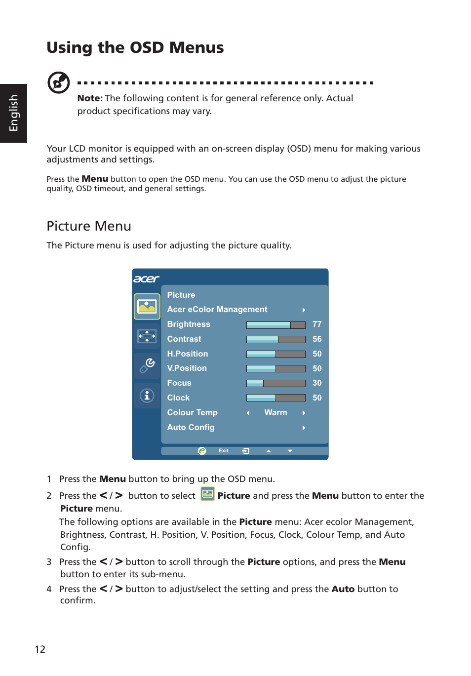 Using the osd menus, Picture menu | Acer G246HYL User Manual | Page 24 / 29