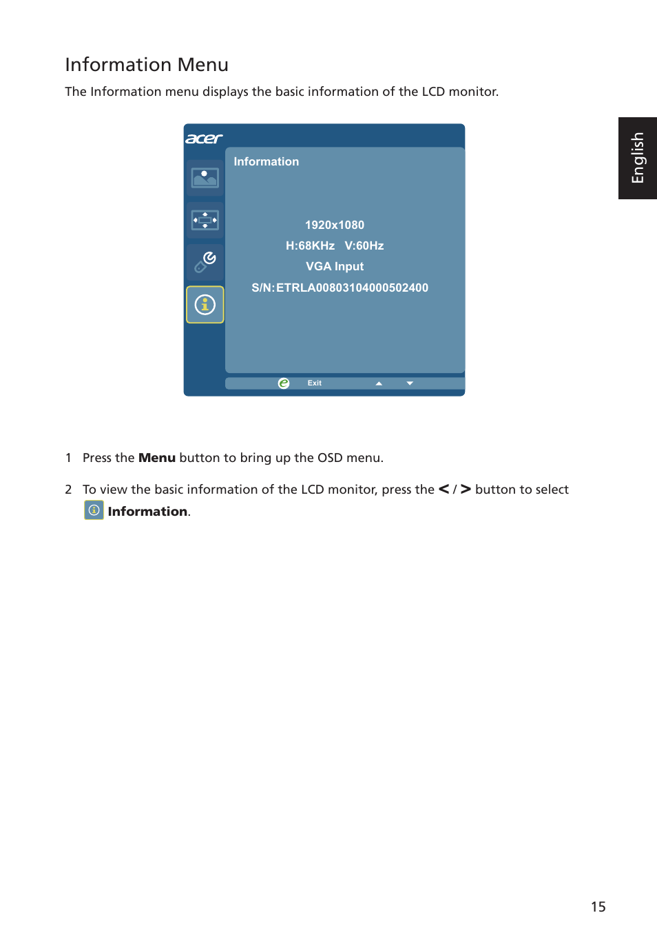 Information menu, English | Acer G246HYL User Manual | Page 27 / 29
