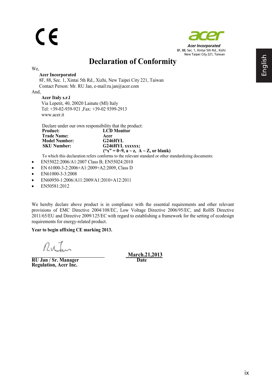 Declaration of conformity, English | Acer G246HYL User Manual | Page 9 / 29