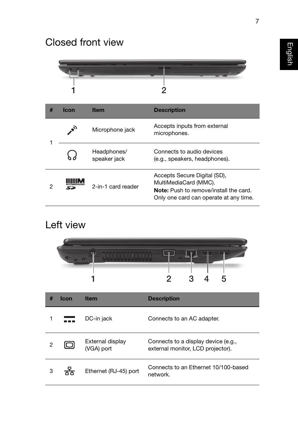 Closed front view, Left view, Closed front view left view | Acer Aspire 5749Z User Manual | Page 7 / 10