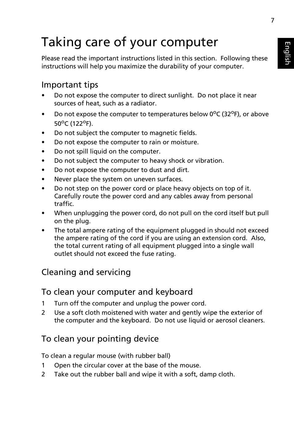 Taking care of your computer, Important tips, Cleaning and servicing | To clean your computer and keyboard, To clean your pointing device | Acer Aspire E700 User Manual | Page 17 / 30