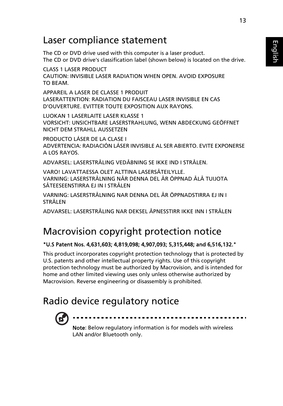 Laser compliance statement, Macrovision copyright protection notice, Radio device regulatory notice | Acer Aspire E700 User Manual | Page 23 / 30