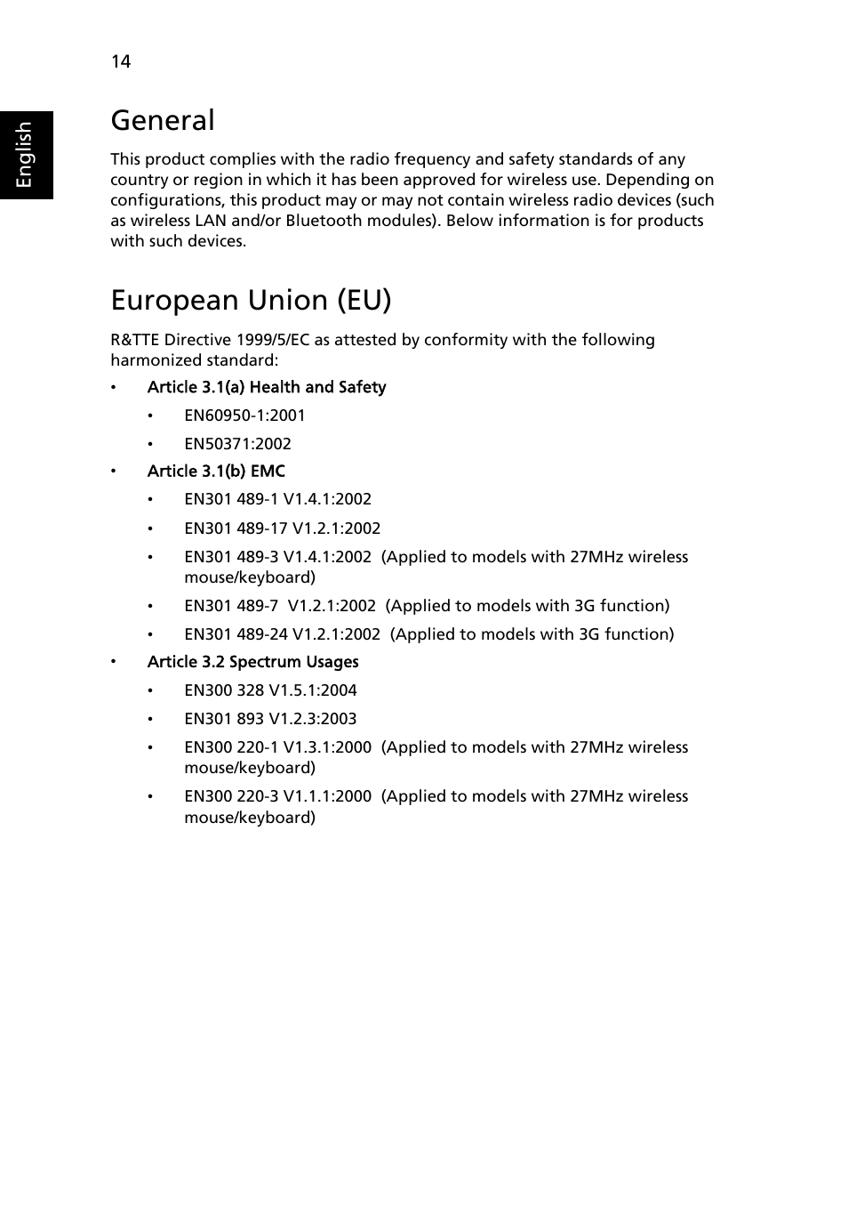General, European union (eu) | Acer Aspire E700 User Manual | Page 24 / 30
