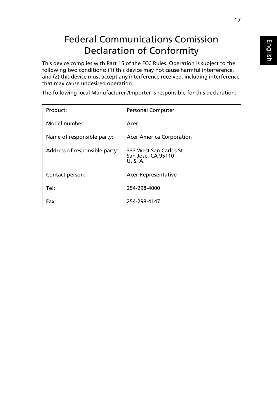 Federal communications comission | Acer Aspire E700 User Manual | Page 27 / 30