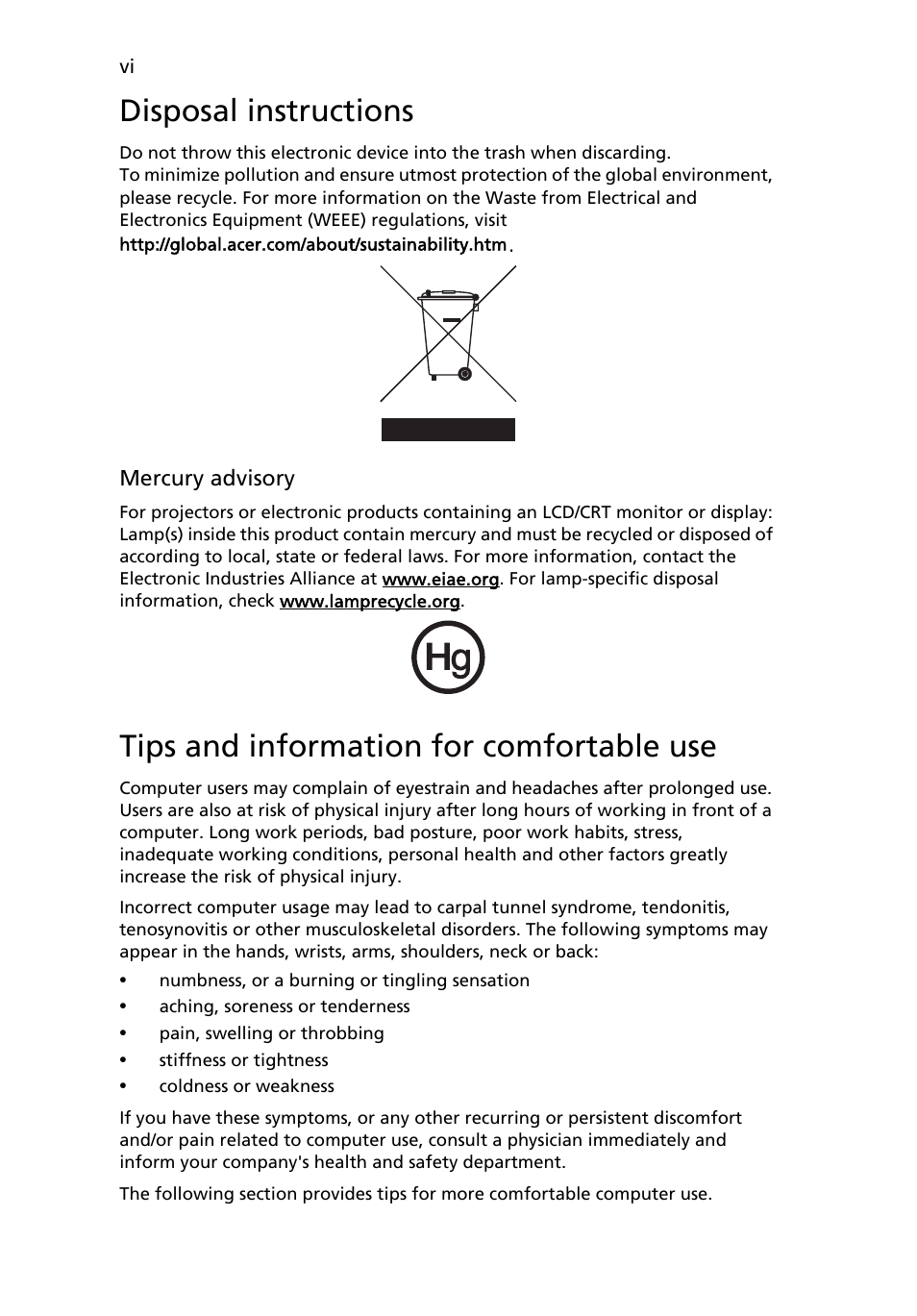 Disposal instructions, Tips and information for comfortable use | Acer Aspire E700 User Manual | Page 6 / 30