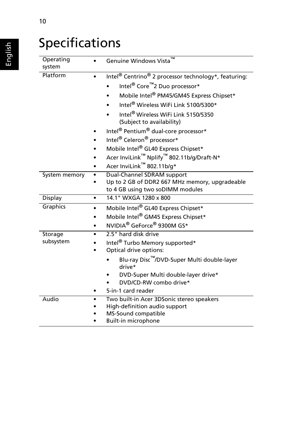 Specifications, English | Acer Extensa 4630Z User Manual | Page 10 / 12