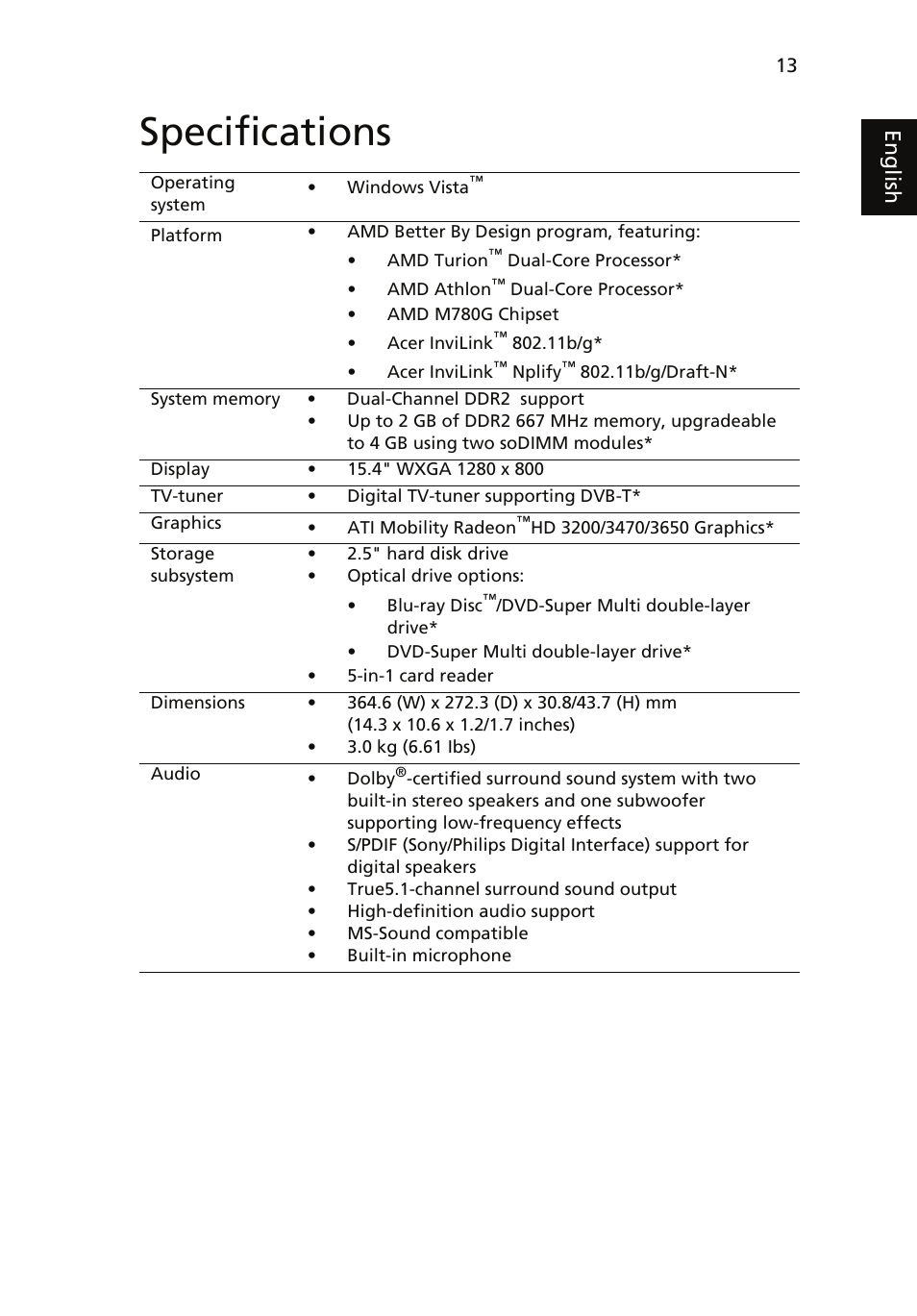 Specifications, Eng lis h | Acer Aspire 5530 User Manual | Page 13 / 15