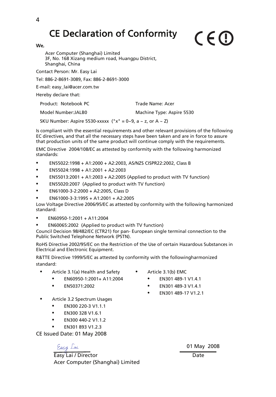 Ce declaration of conformity | Acer Aspire 5530 User Manual | Page 4 / 15