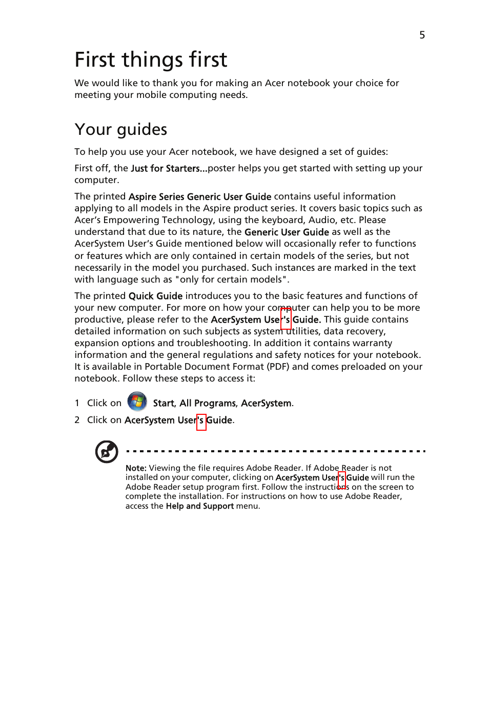 First things first, Your guides | Acer Aspire 5530 User Manual | Page 5 / 15