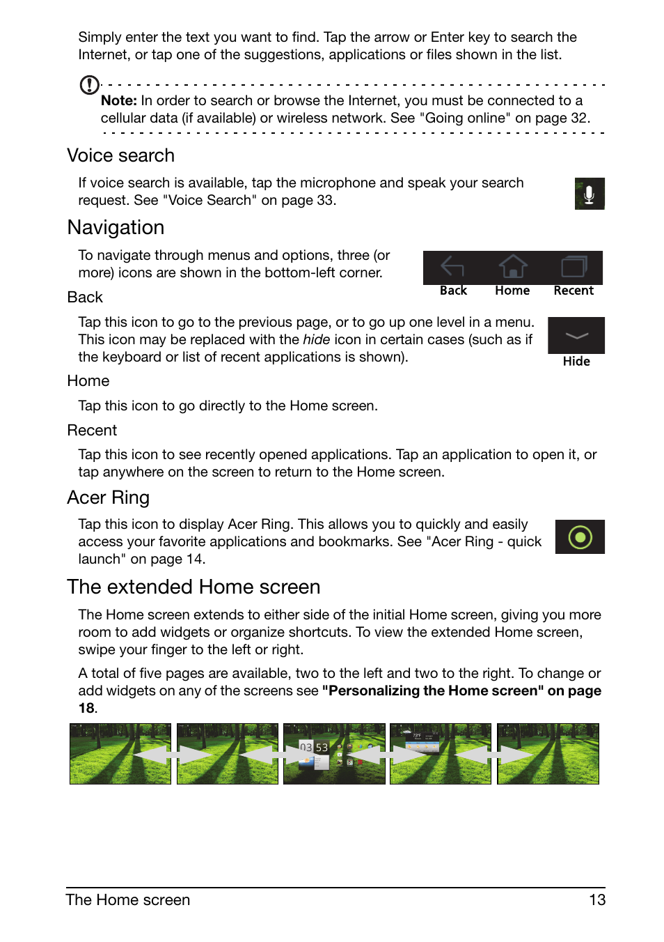 Navigation, The extended home screen, Voice search | Acer ring | Acer A700 User Manual | Page 13 / 66