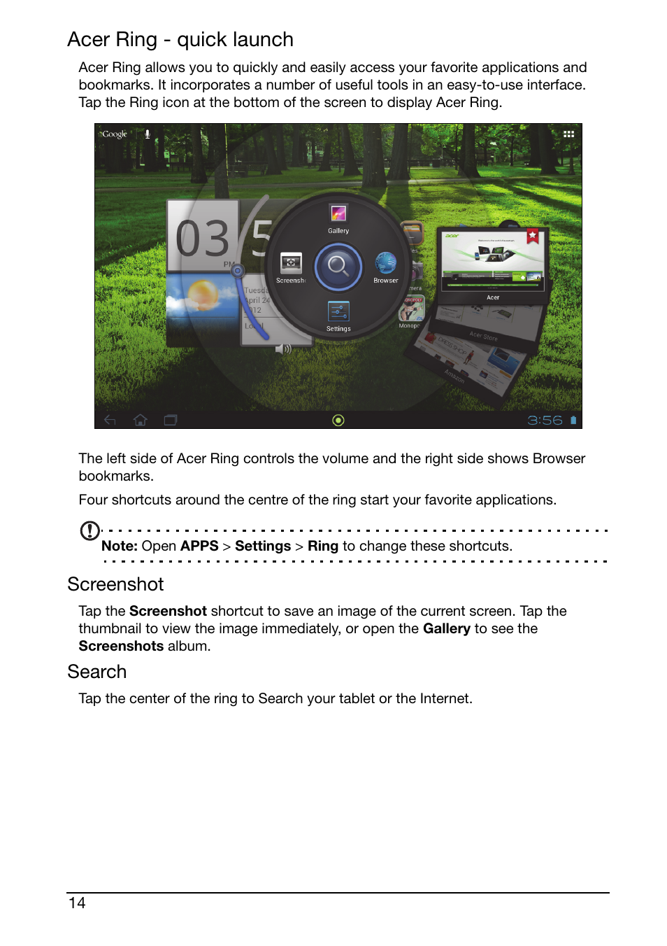 Acer ring - quick launch, Screenshot, Search | Acer A700 User Manual | Page 14 / 66