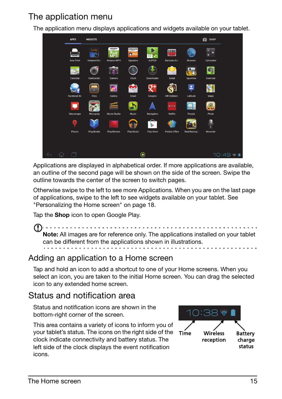 The application menu, Status and notification area, Adding an application to a home screen | Acer A700 User Manual | Page 15 / 66