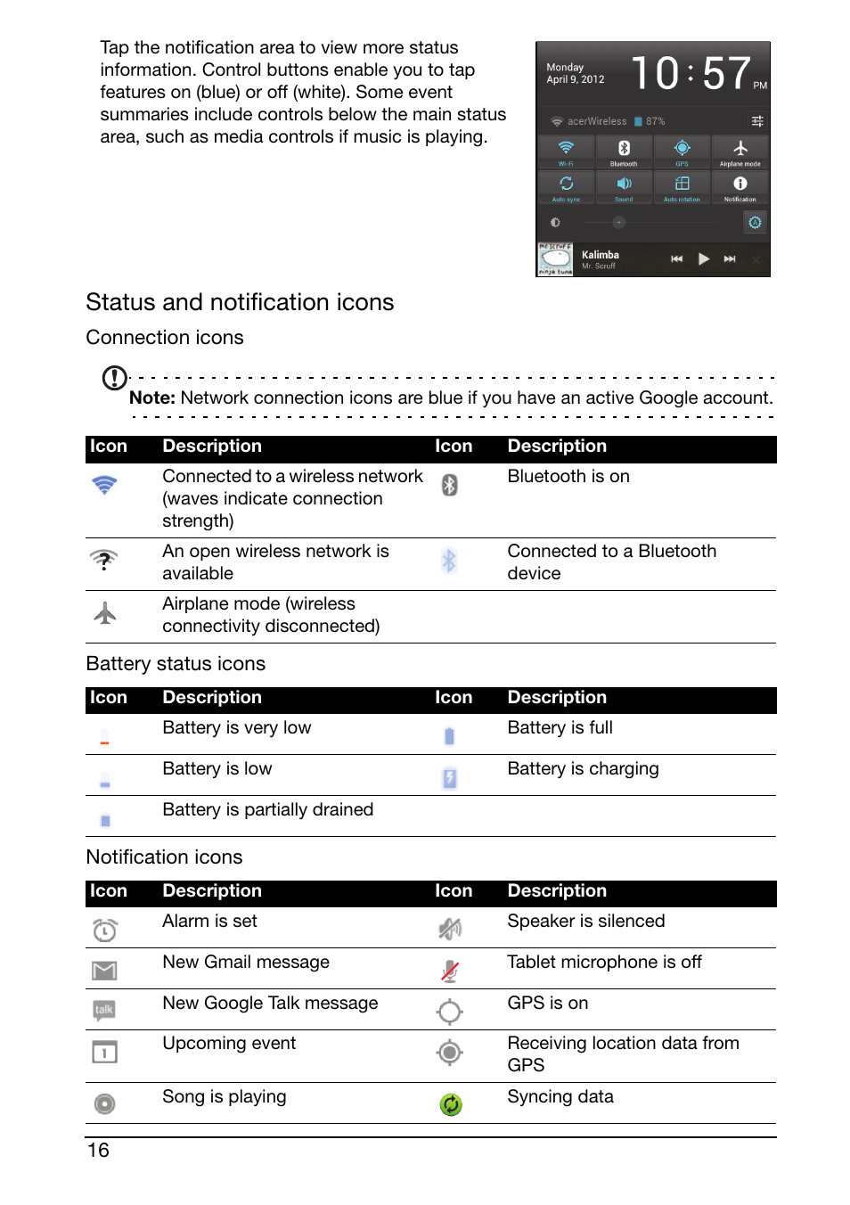 Status and notification icons | Acer A700 User Manual | Page 16 / 66