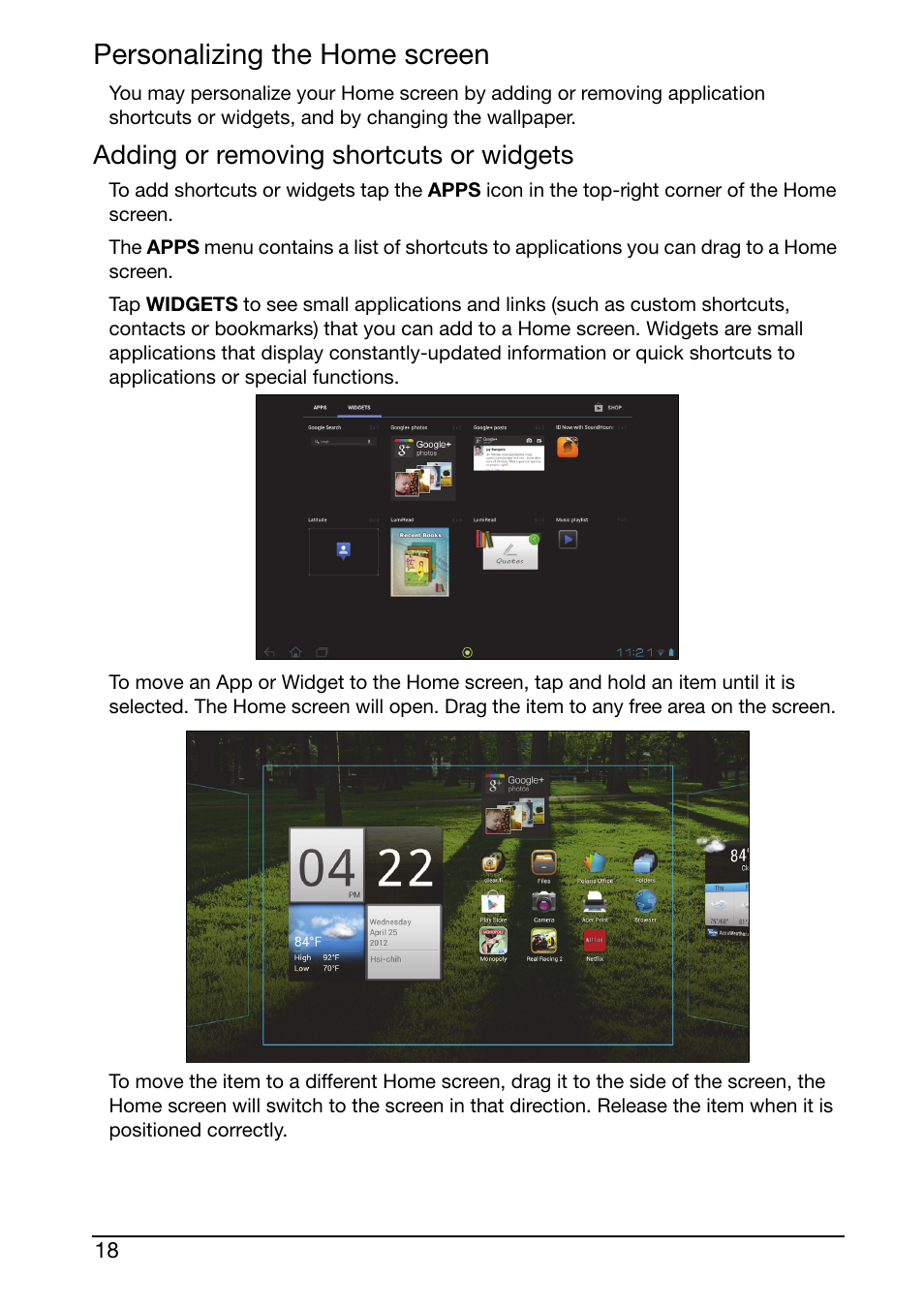 Personalizing the home screen, Adding or removing shortcuts or widgets | Acer A700 User Manual | Page 18 / 66
