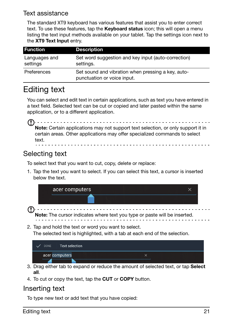 Editing text, Selecting text, Inserting text | Text assistance | Acer A700 User Manual | Page 21 / 66
