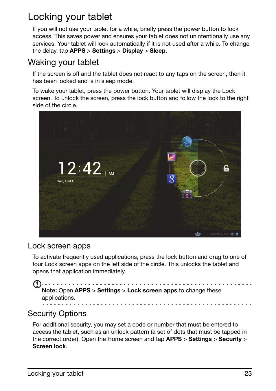 Locking your tablet, Waking your tablet, Lock screen apps | Security options | Acer A700 User Manual | Page 23 / 66