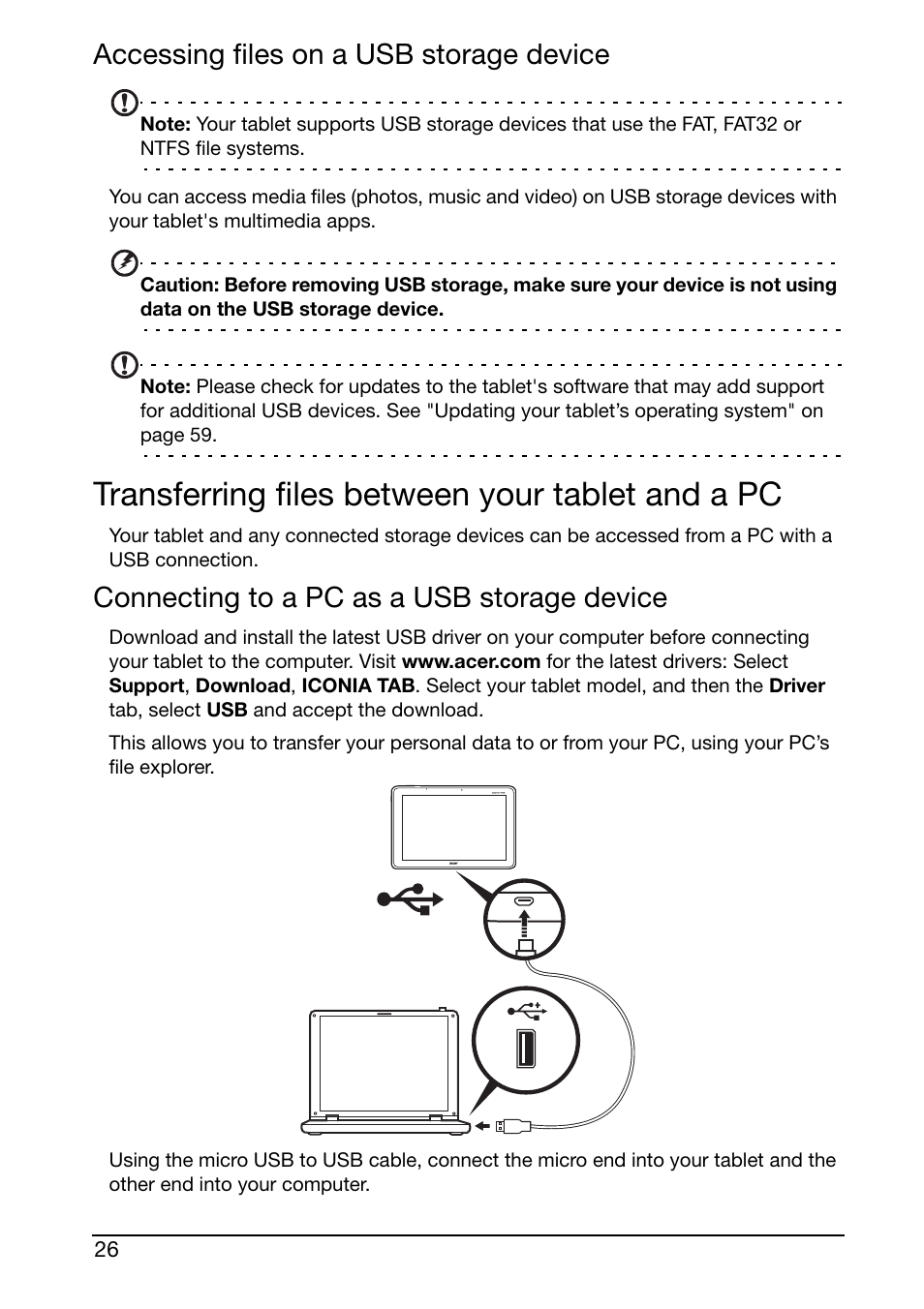 Accessing files on a usb storage device, Transferring files between your tablet and a pc, Connecting to a pc as a usb storage device | Acer A700 User Manual | Page 26 / 66