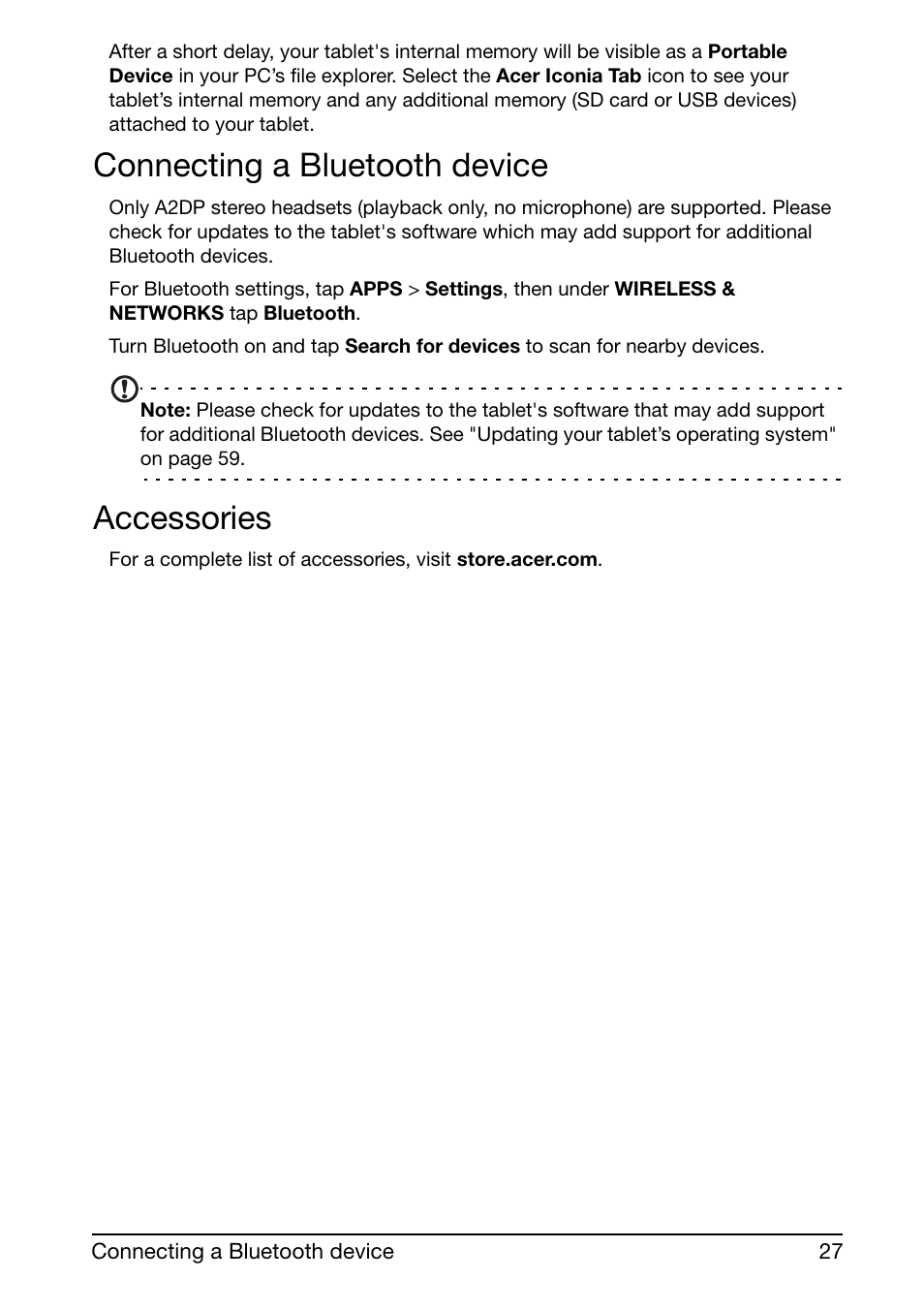 Connecting a bluetooth device, Accessories | Acer A700 User Manual | Page 27 / 66