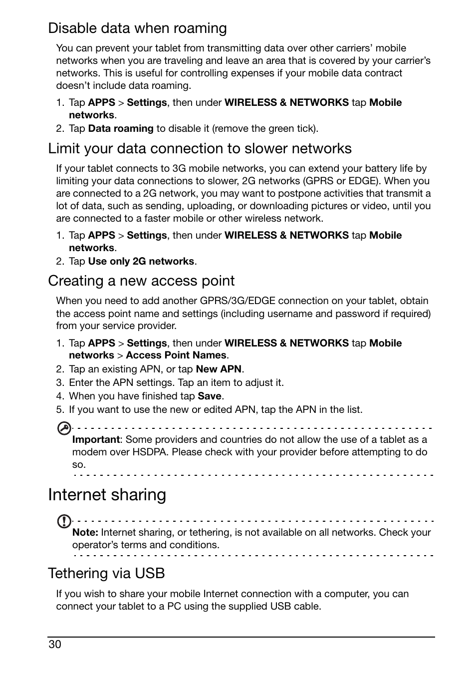 Disable data when roaming, Limit your data connection to slower networks, Creating a new access point | Internet sharing, Tethering via usb | Acer A700 User Manual | Page 30 / 66